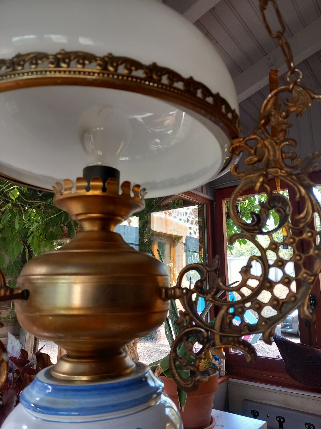 Old white opaline chandelier, brass and earthenware