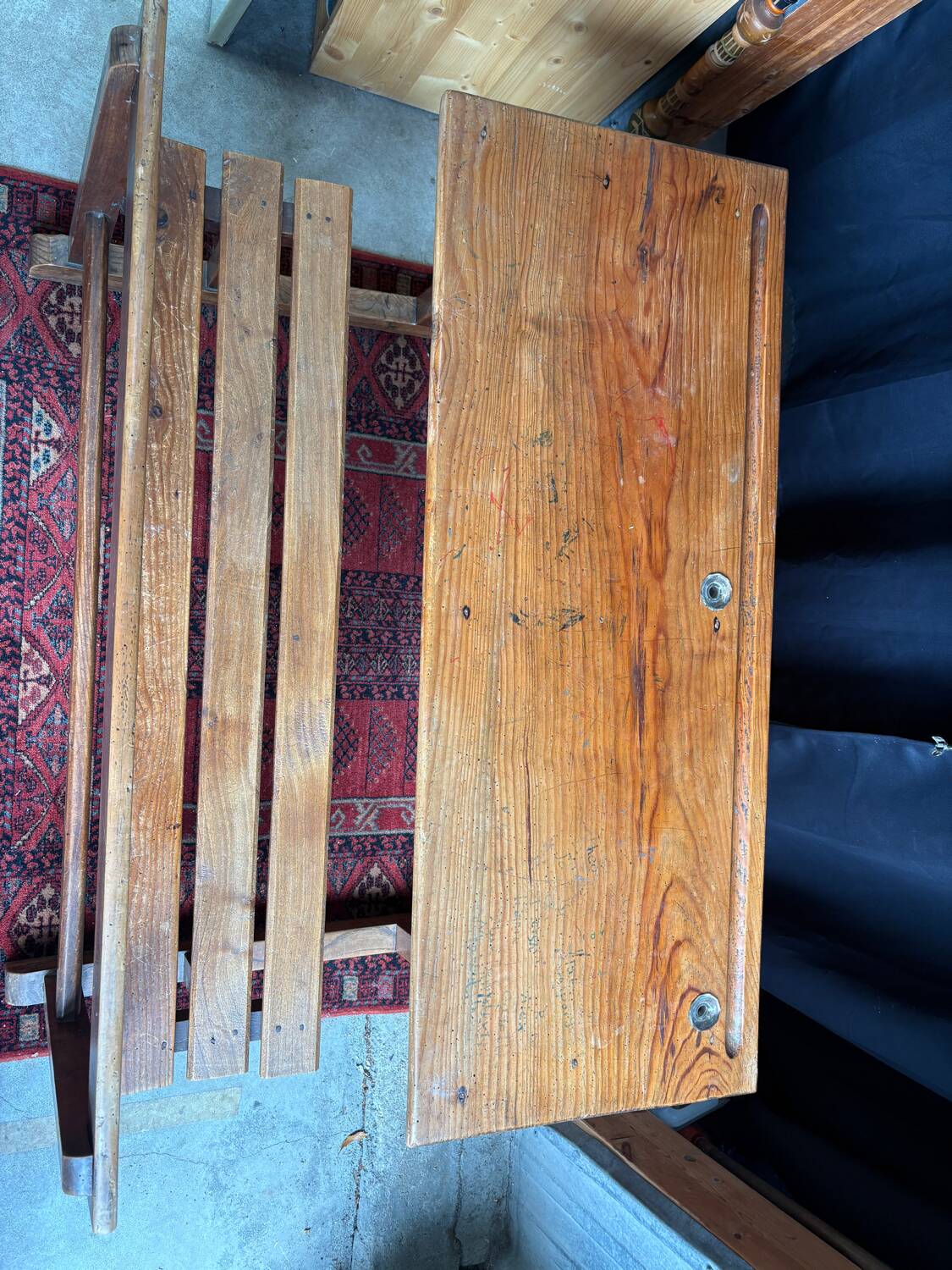 Wooden school desk with integrated bench, France, 1950s