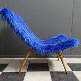iconic Miroslav Navratil chair blue fluffy fabric for Český Nábytek 1960s