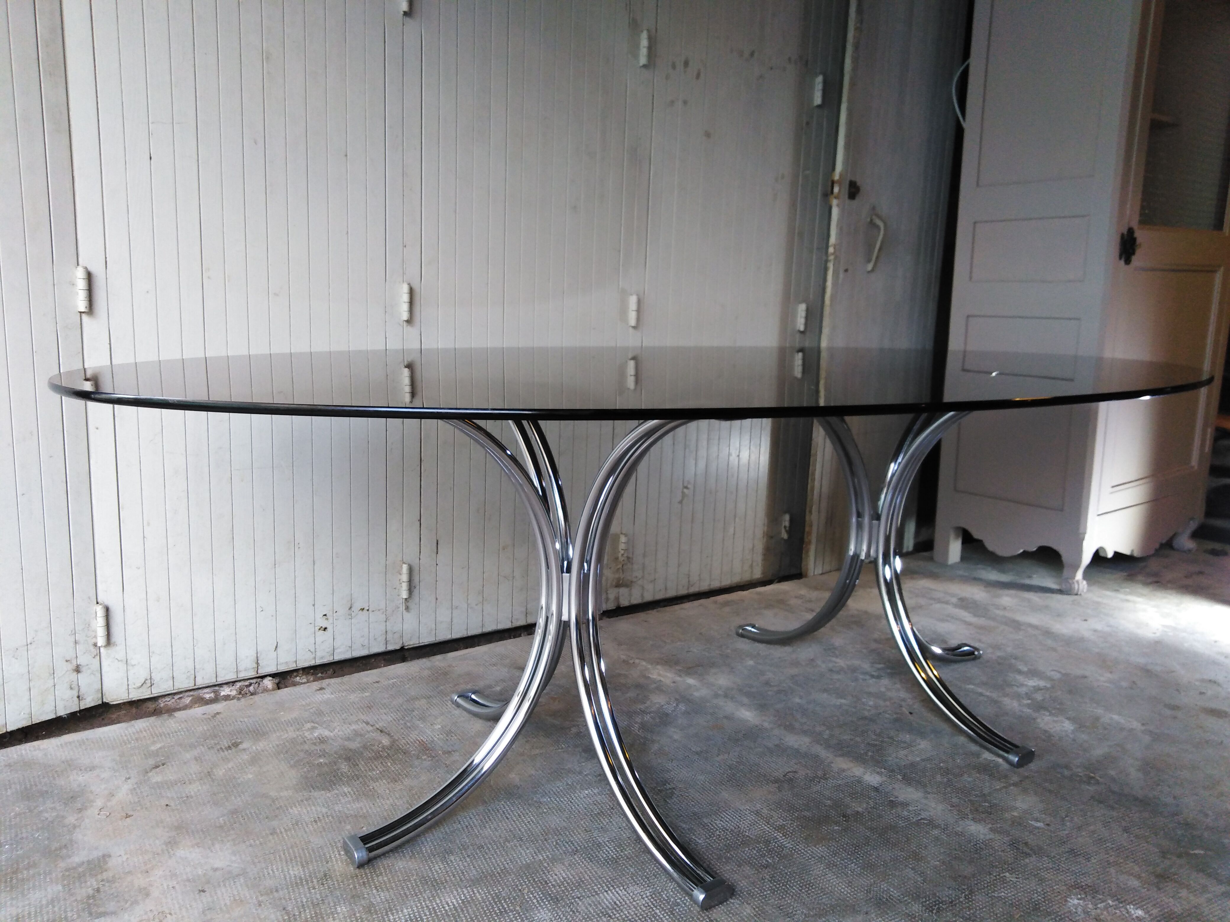 Large table Roche Bobois 1970 glass and chrome 8 pers