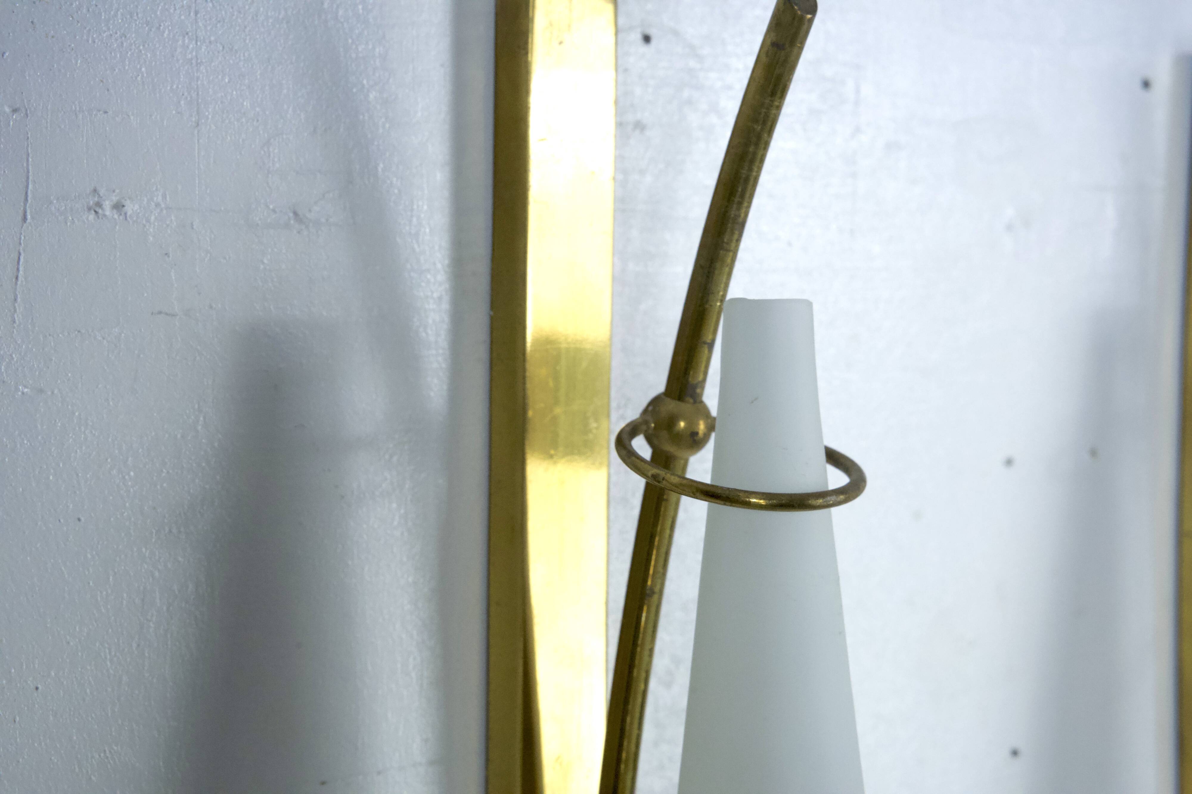 Set of three sconces in brass and triplex opaline glass. Italy 1950s