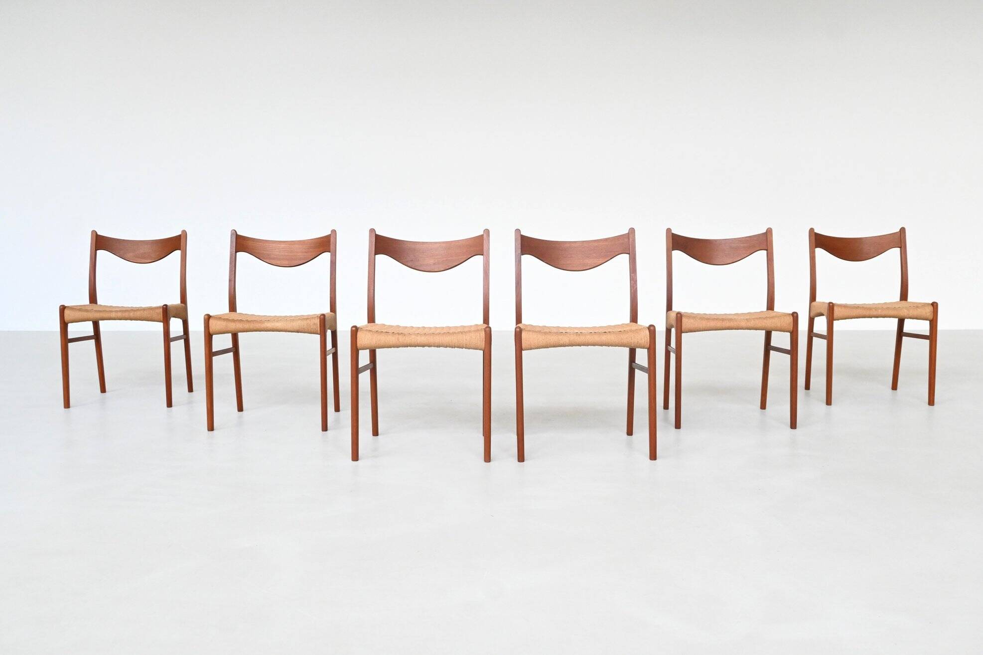 Arne Wahl Iversen set of six dining chairs in teak Glyngore Denmark 1960