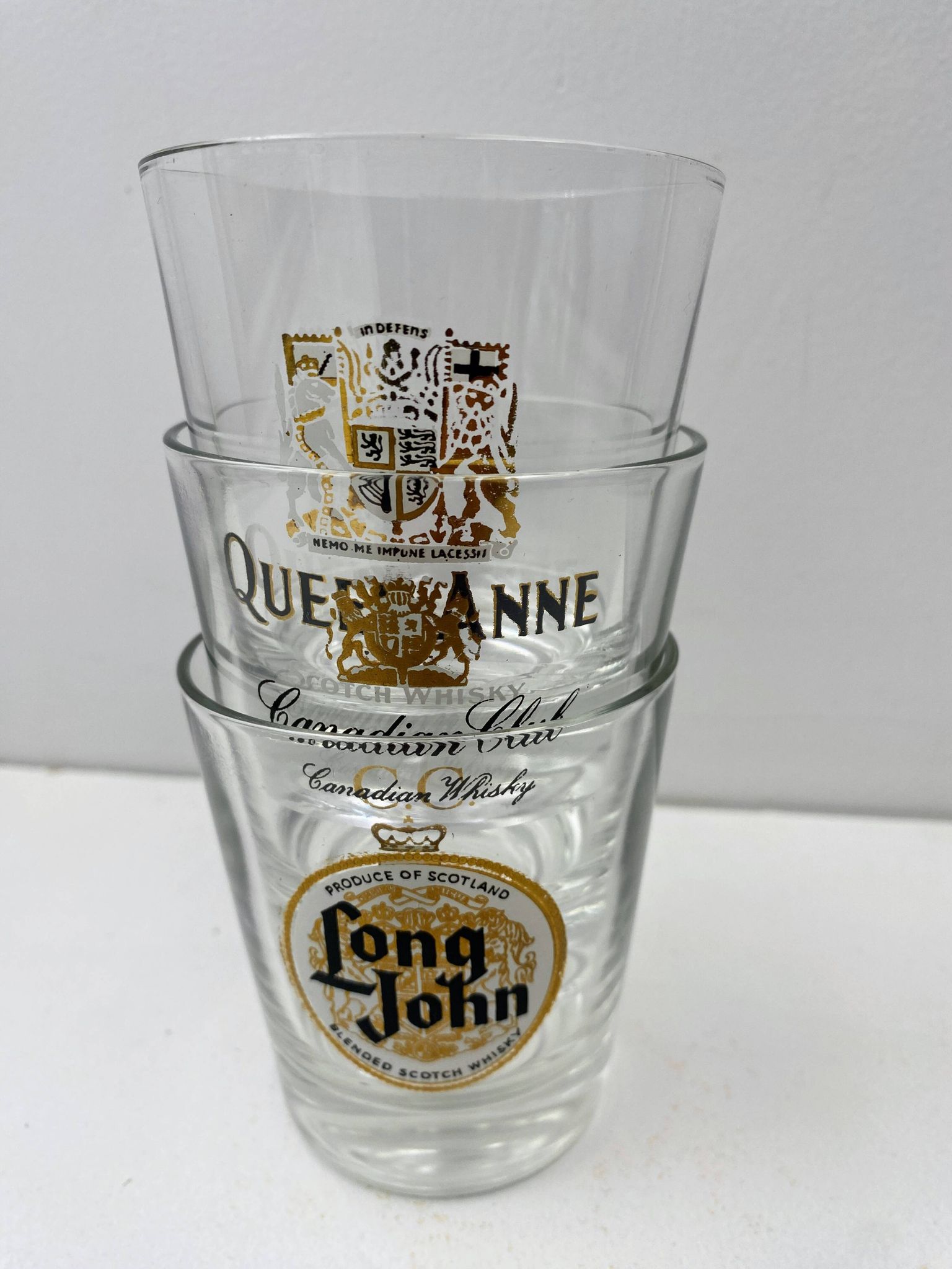 3 Vintage Canadian Club Whiskey Glasses, Long John and Queen Anne