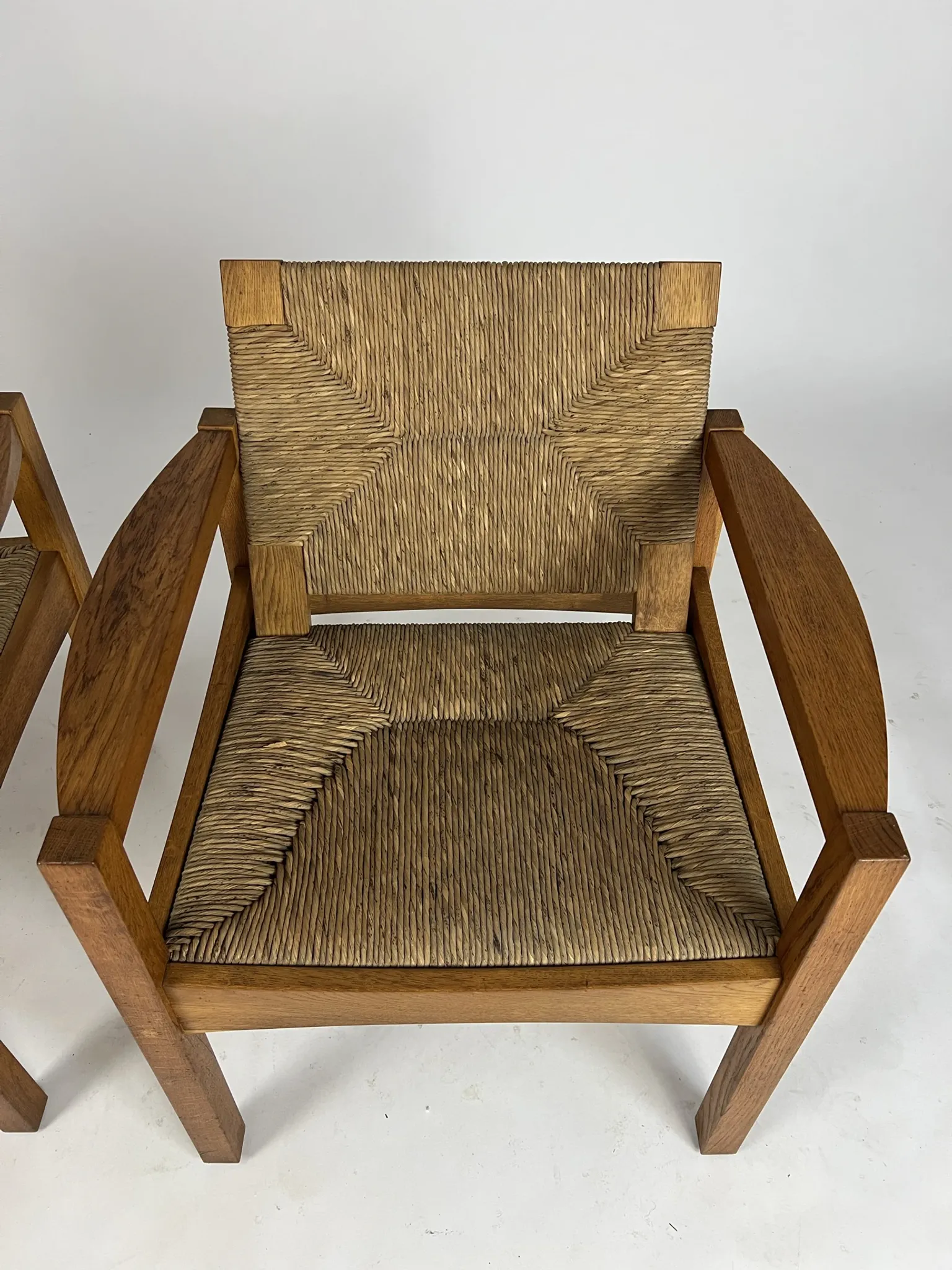 Set of 2 Vintage armchair easy chairs oak & seagrass 60s mid-century