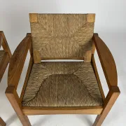 Set of 2 Vintage armchair easy chairs oak & seagrass 60s mid-century