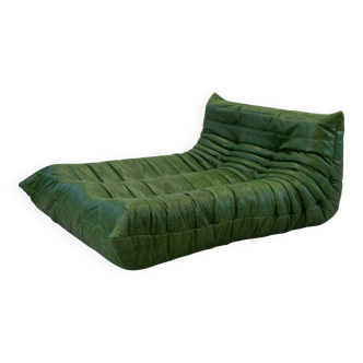 Togo chaise lounge in green leather attributed to Michel Ducaroy for Ligne Roset, 1974