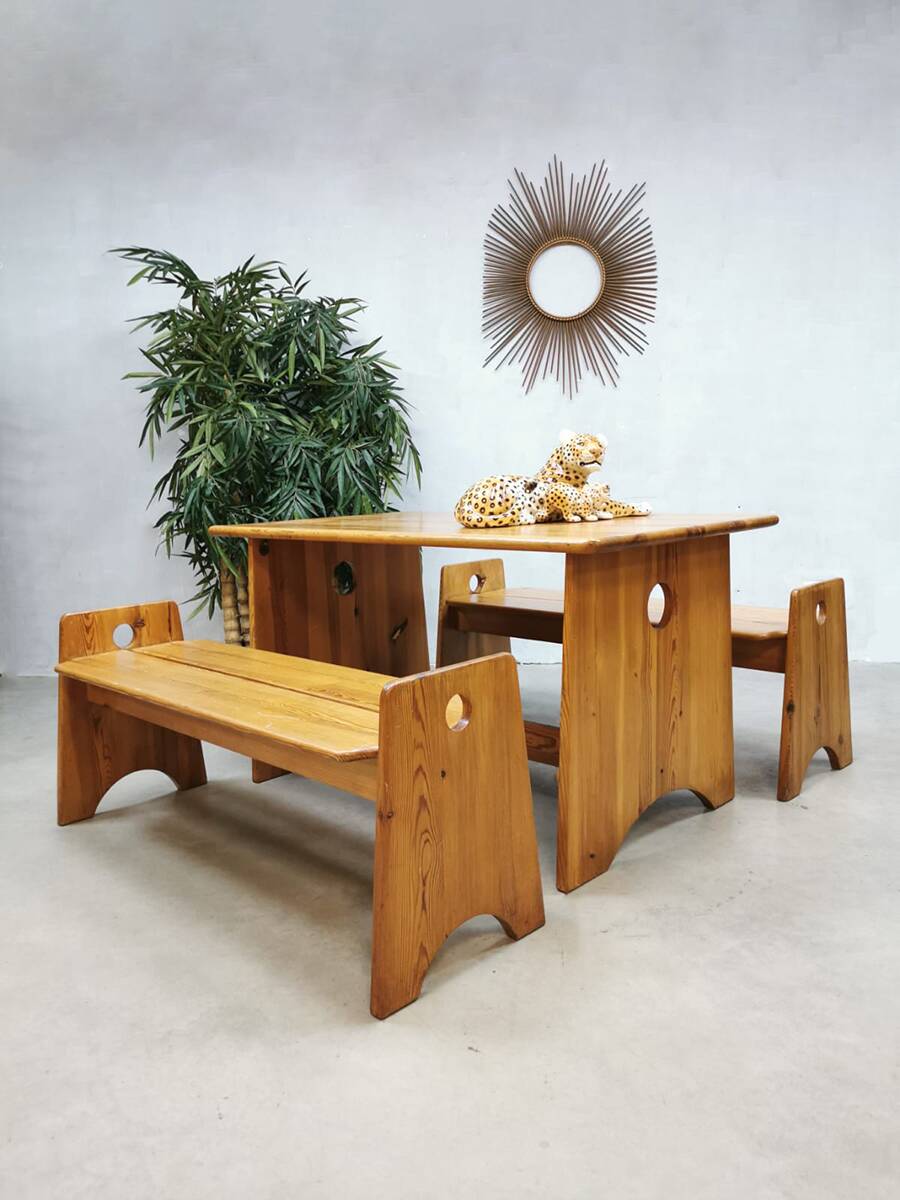 Midcentury Swedish pine wood benches dining set
