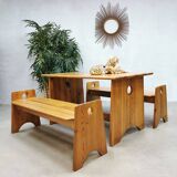 Midcentury Swedish pine wood benches dining set