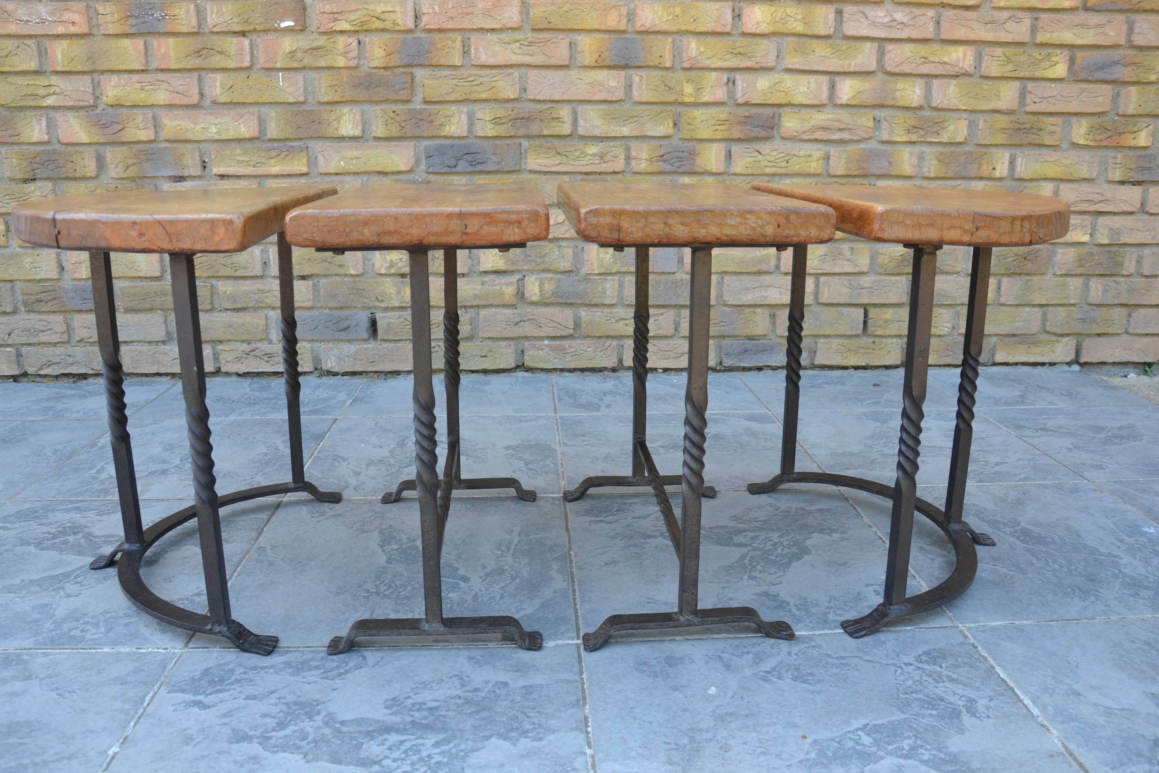 Unusual modular coffee table in oak and wrought iron.