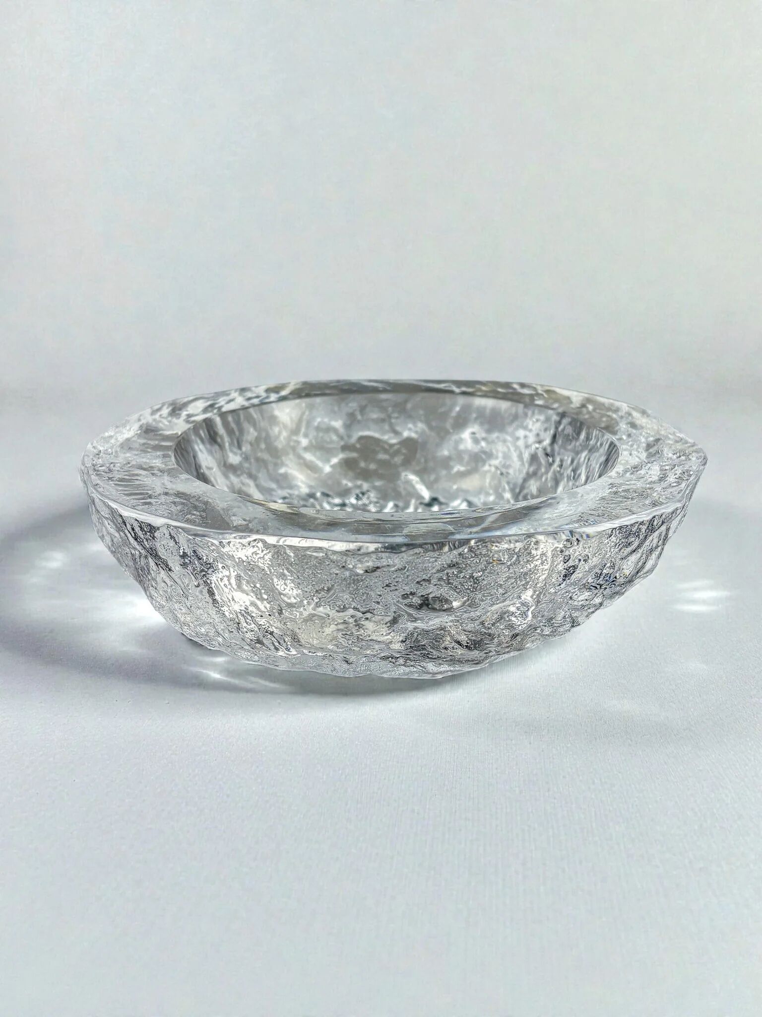 Brutalist "Iceberg" catch-all bowl, textured crystal glass, Sweden, 1970s