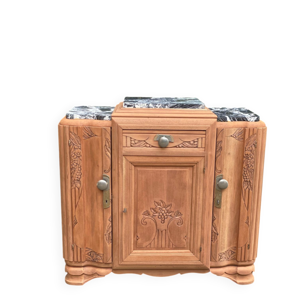 Buffet Art déco en noyer massif et marbre, rénové, années 30