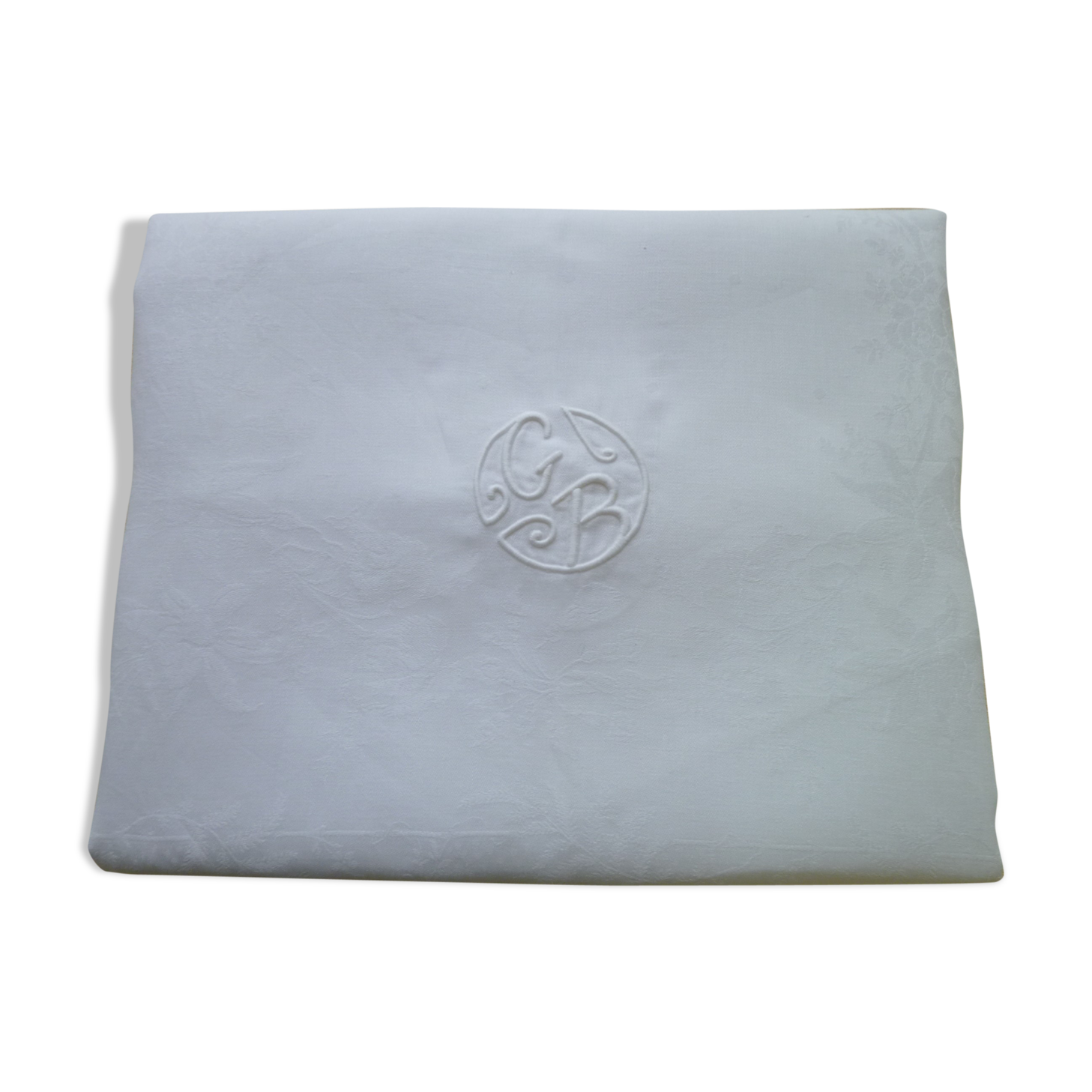 White damask linen tablecloth 1.60 x 2.18 m Monogrammemée GB