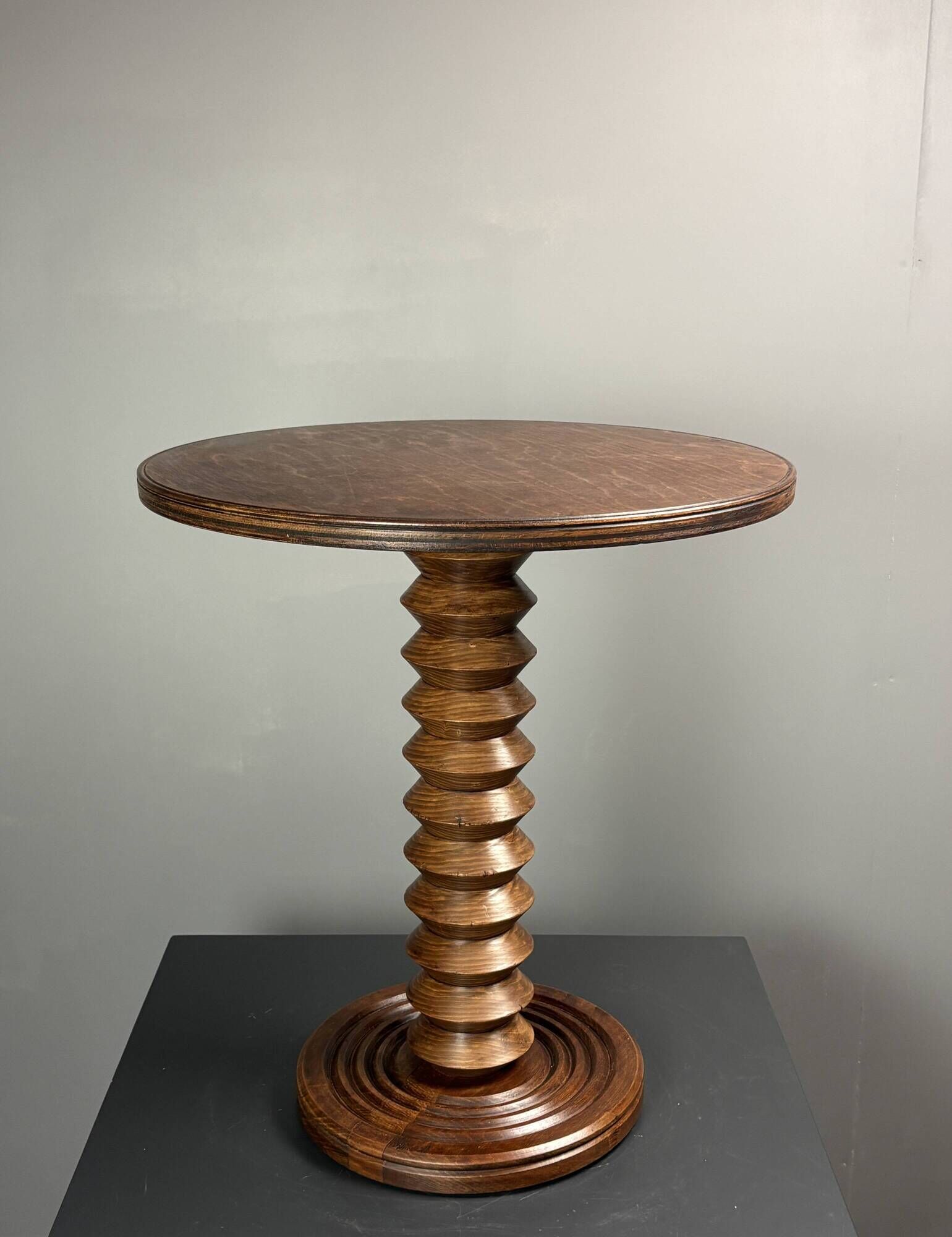 Midcentury brutalist wood turned side table, Charles Dudouyt style, 1950s