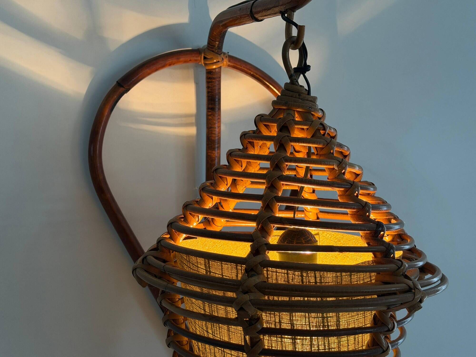 Unique wall lamp in bamboo and fabric, Lantern Design/One, Italy, 1960s