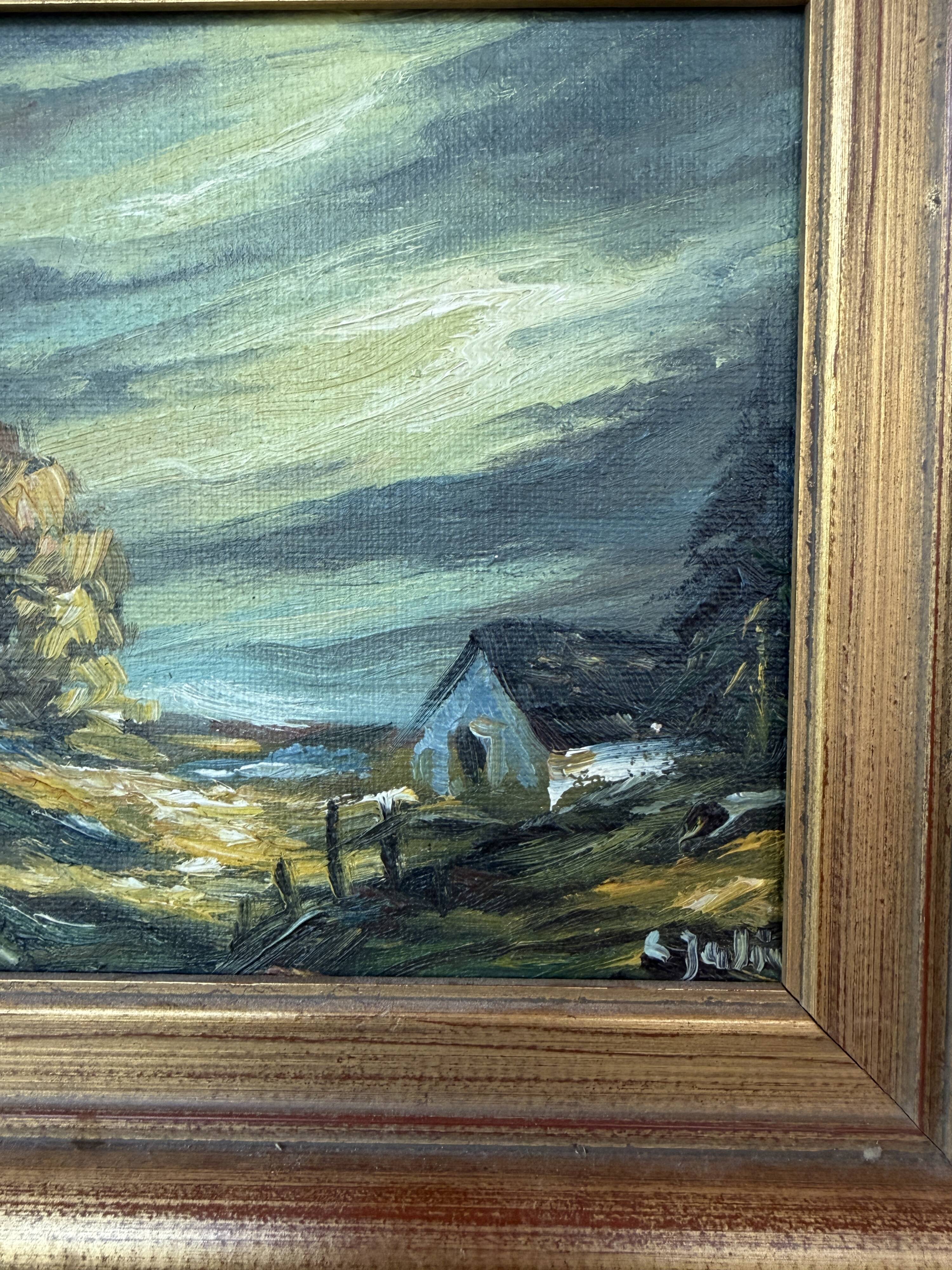 Small vintage painting of a countryside landscape – Oil on canvas – Old house