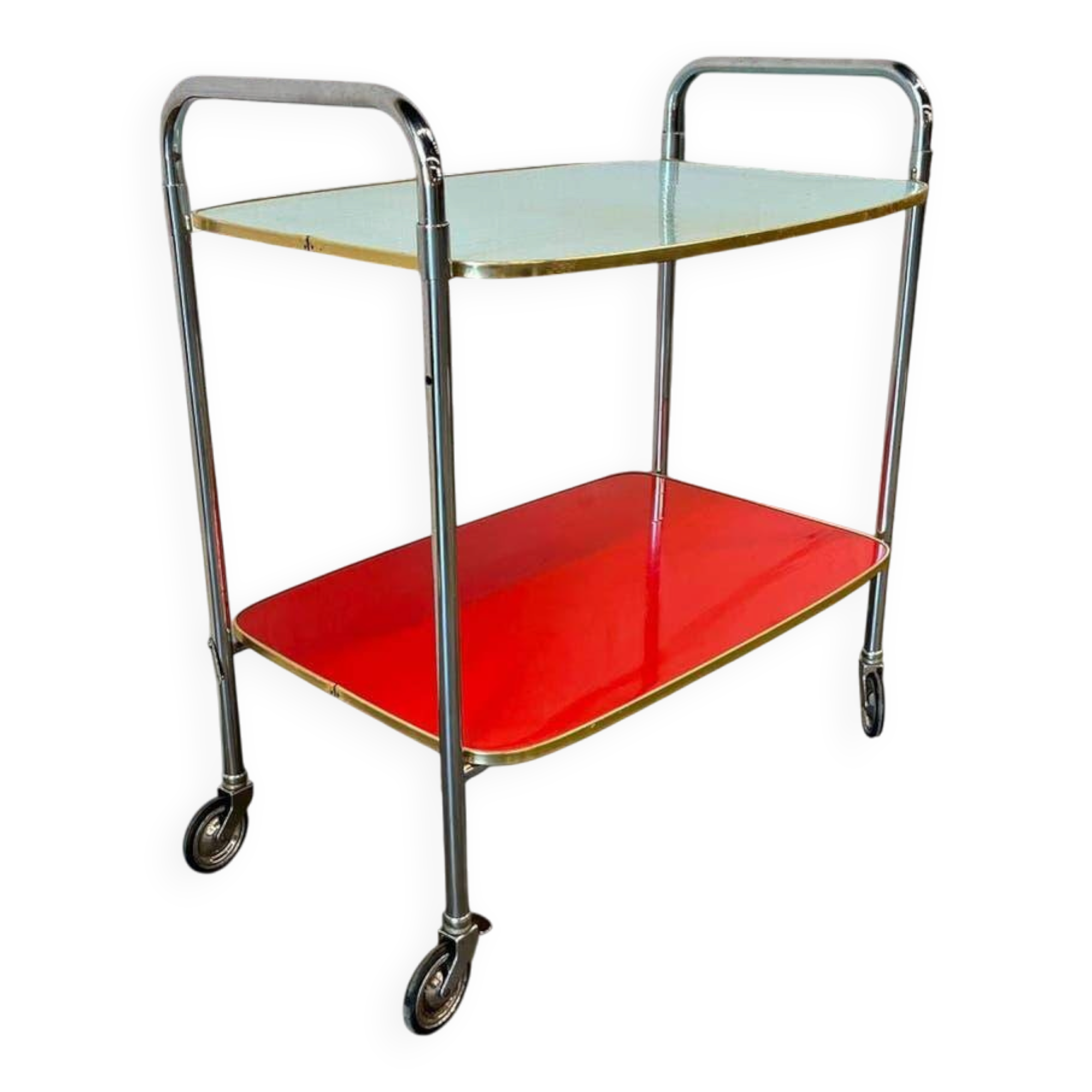 Vintage red mint and blue rolling table/bar cart/tea cart.