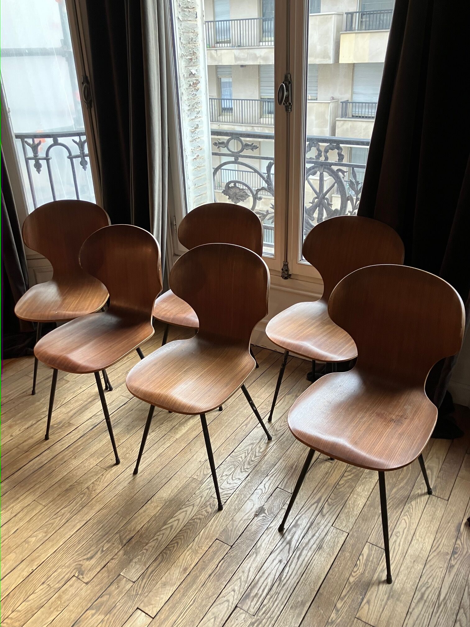 Set of 6 Lulli wood and metal chairs by Carlo Ratti, Italy 50s