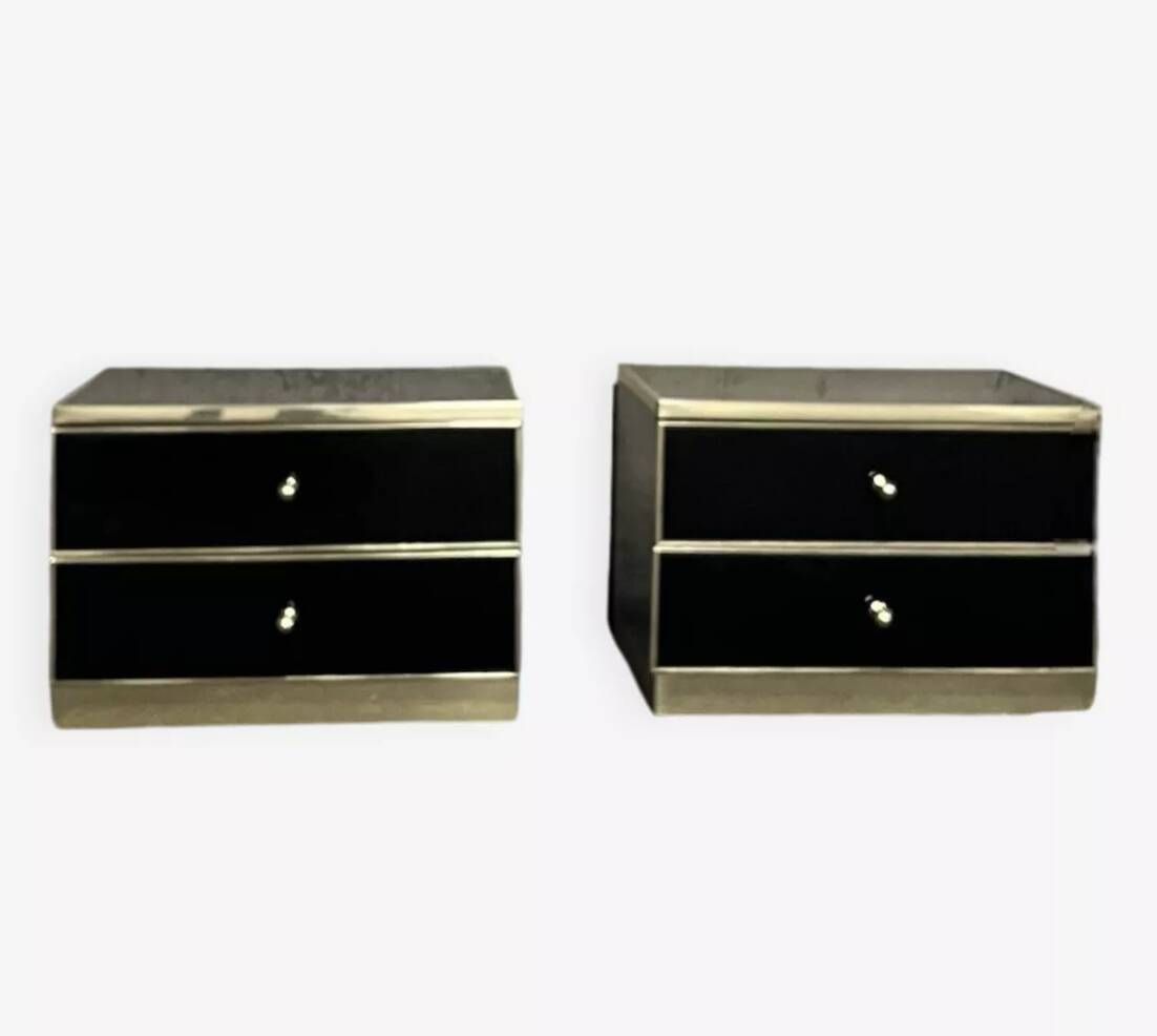Pair of black lacquered and brass bedside tables, Roche Bobois 1970