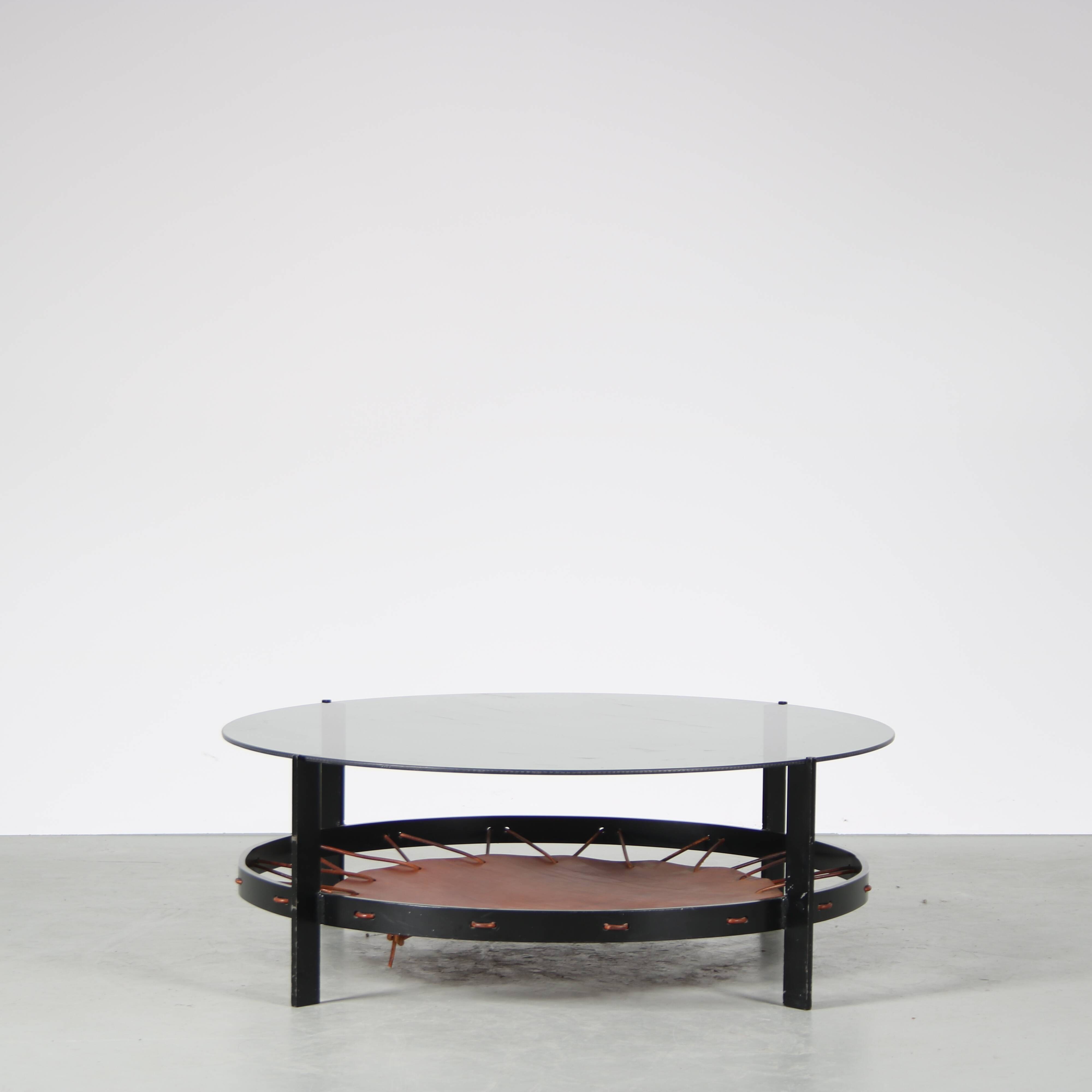 1950s dutch design coffee table with leather magazine rack