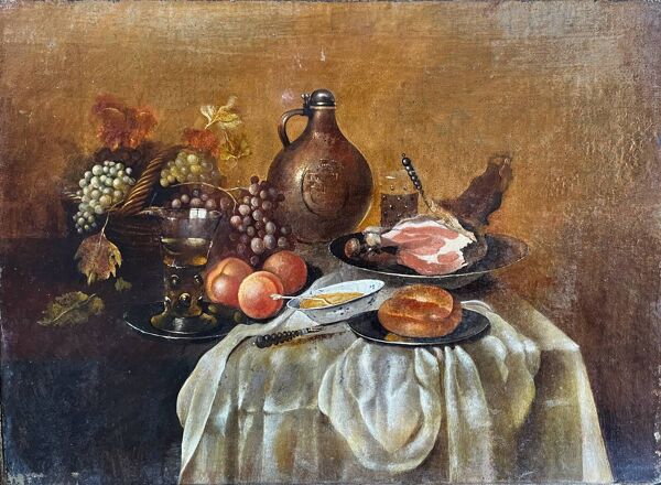 Tableau ancien HSP/C ''Le buffet, jambon et raisins'' dans l'esprit Cornelis