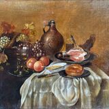 Antique painting HSP/C "The Buffet, Ham and Grapes" in the style of Cornelis
