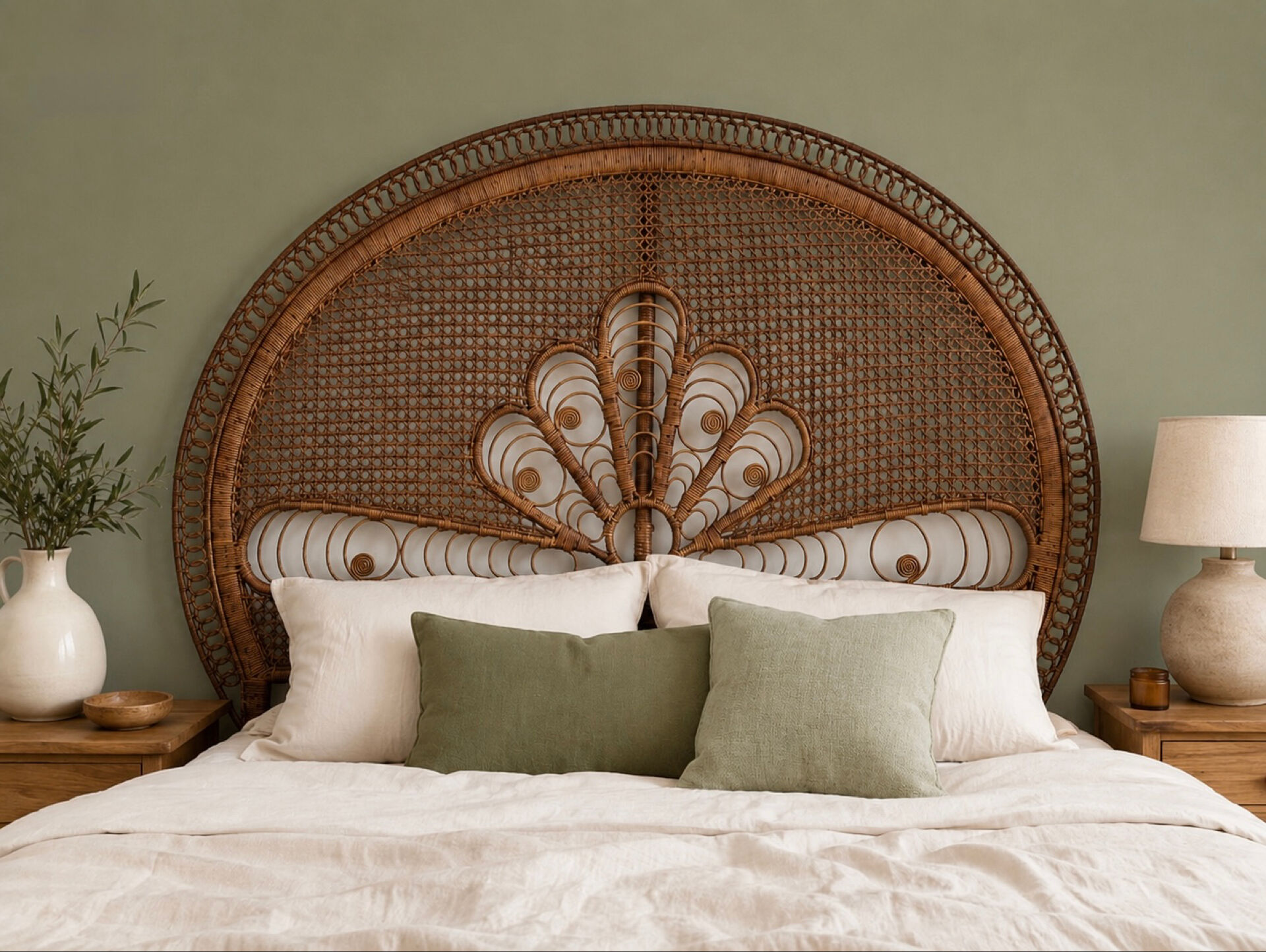 Large vintage headboard in woven rattan fan / Peacock 180cm