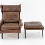 1970 Svend Skipper High Back Armchair and Stool in Brown Leather, Denmark