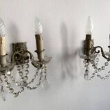 Paire d'appliques murales à 2 feux et guirlandes de cristal, 1920