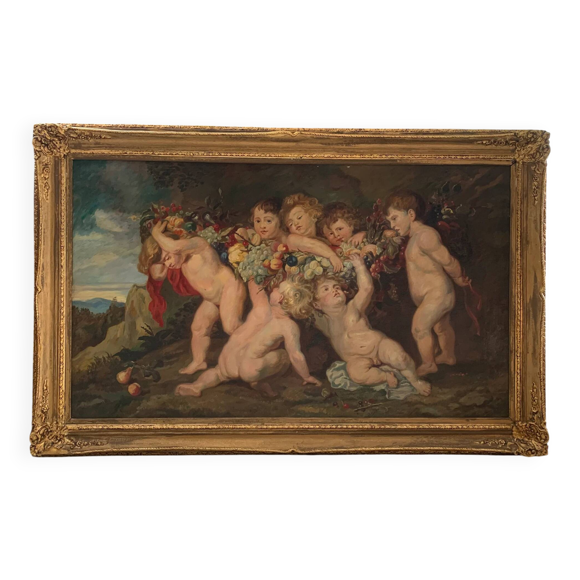 Oskar Krenzer, Putti avec guirlande d’après Rubens, huile sur toile