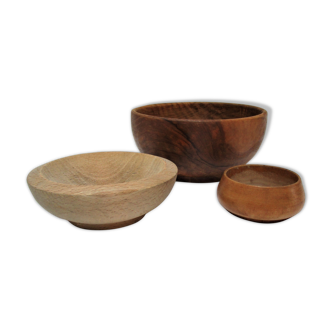 Three bowls solid wood turned patinated vintage
