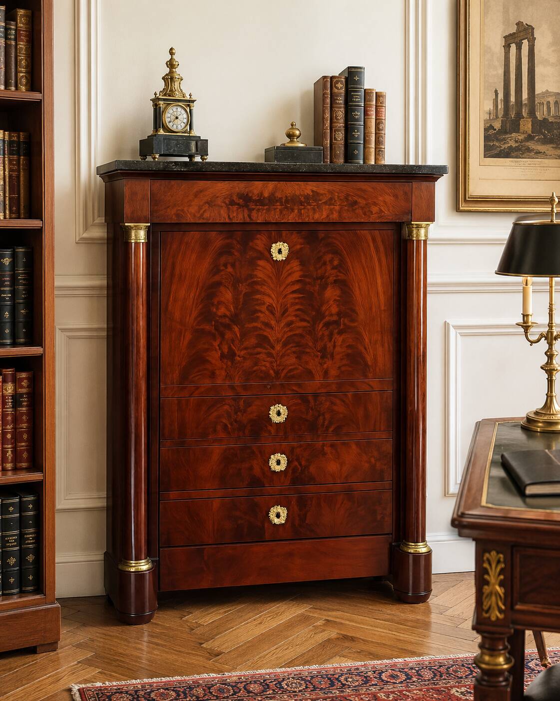 Secrétaire Empire en Acajou Flammé et Marbre Noir – XIXe Siècle