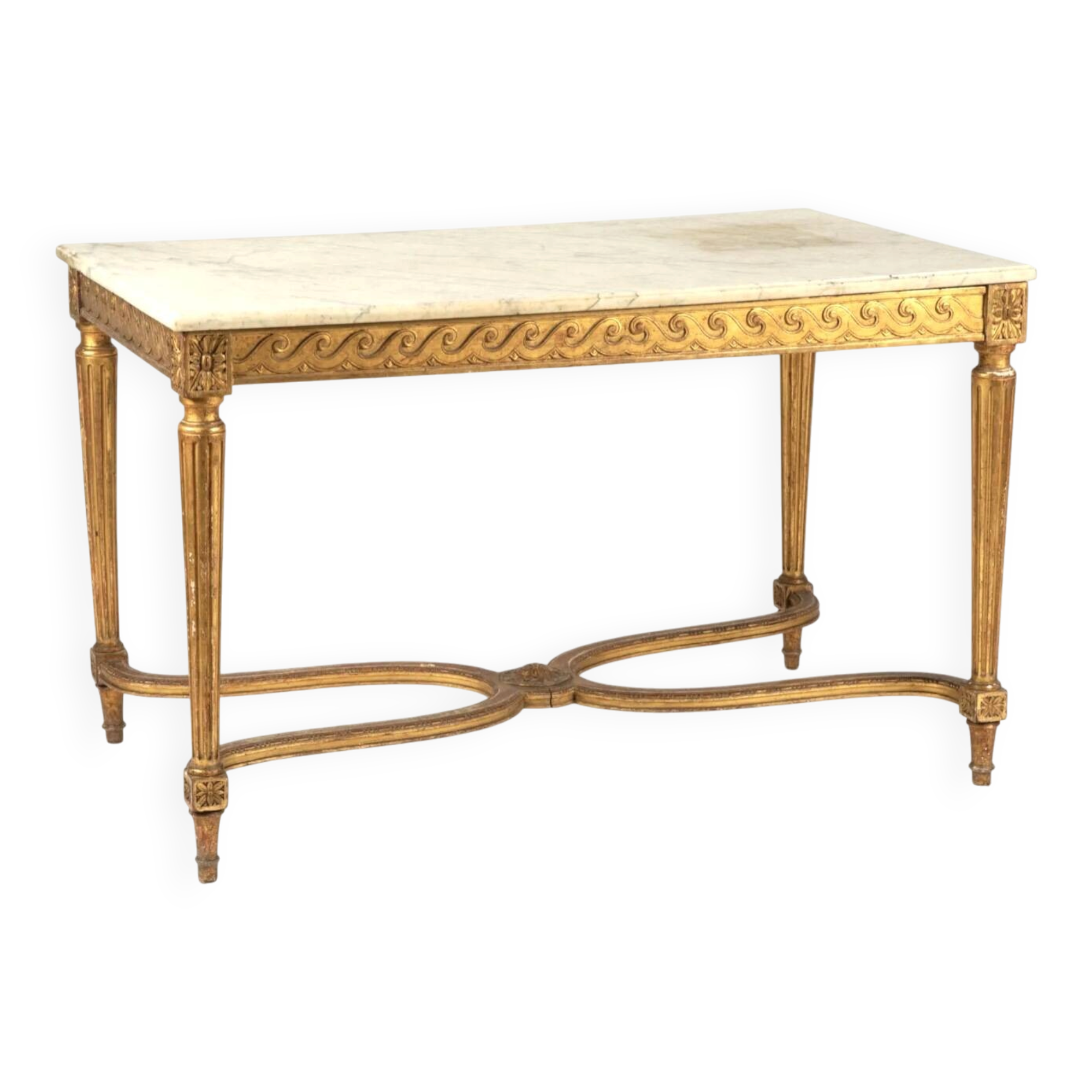 Golden carved wooden centre table with a white marble top.