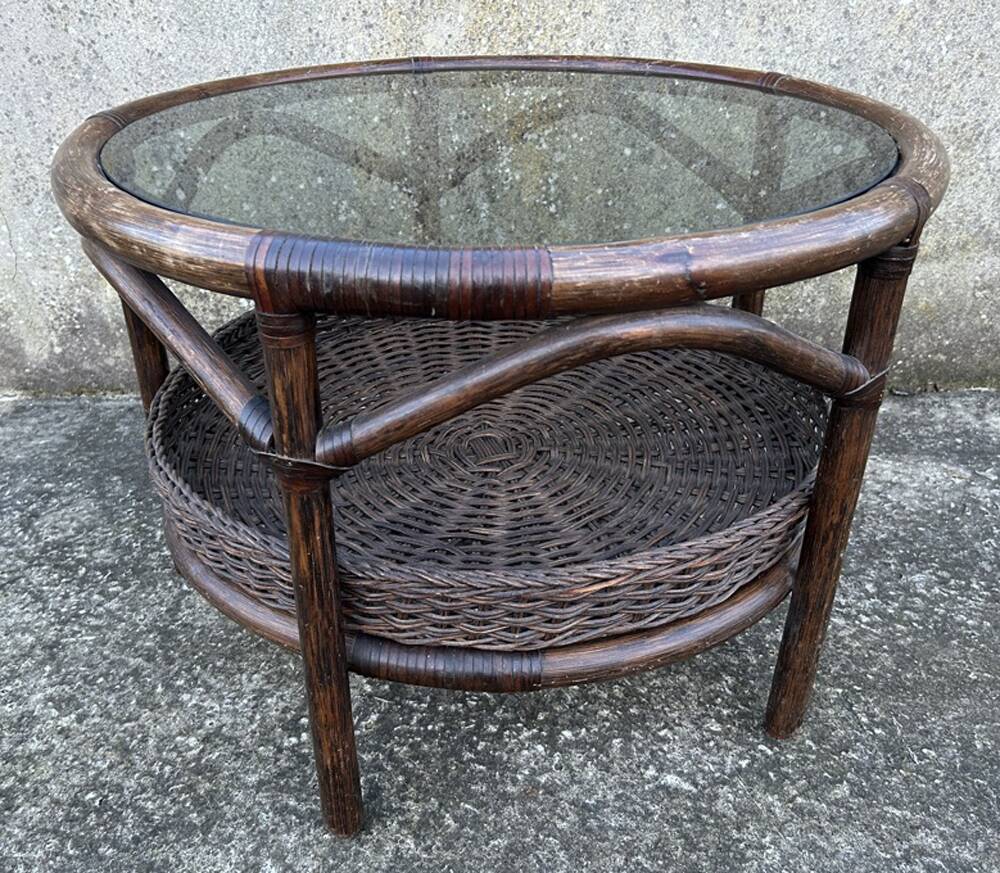 Round rattan and bamboo coffee table, vintage 1960