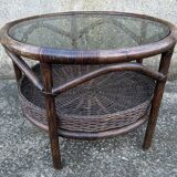 Round rattan and bamboo coffee table, vintage 1960