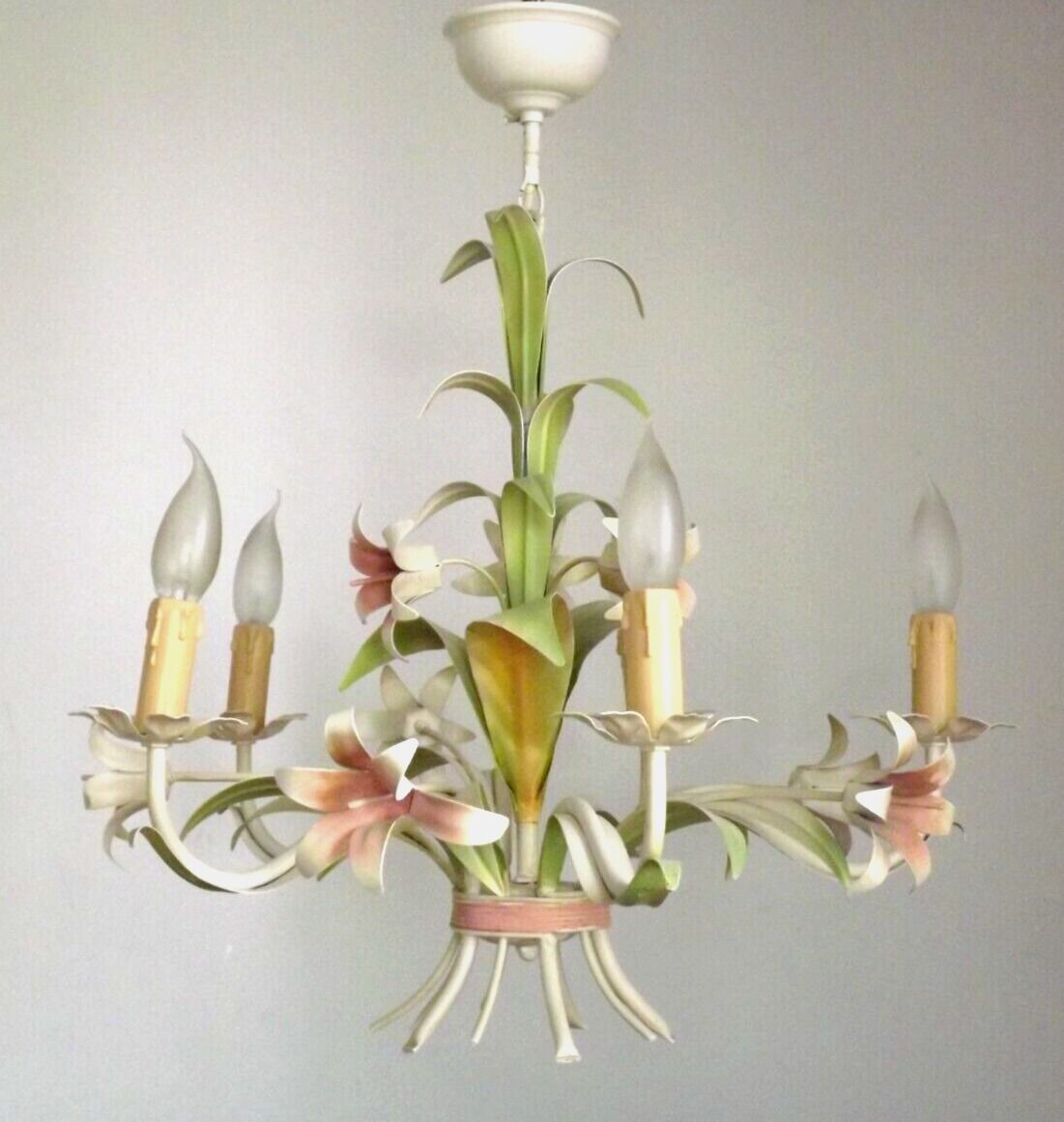 Vintage french 5 arm tied bouquet toleware chandelier pink lily flowers 4264