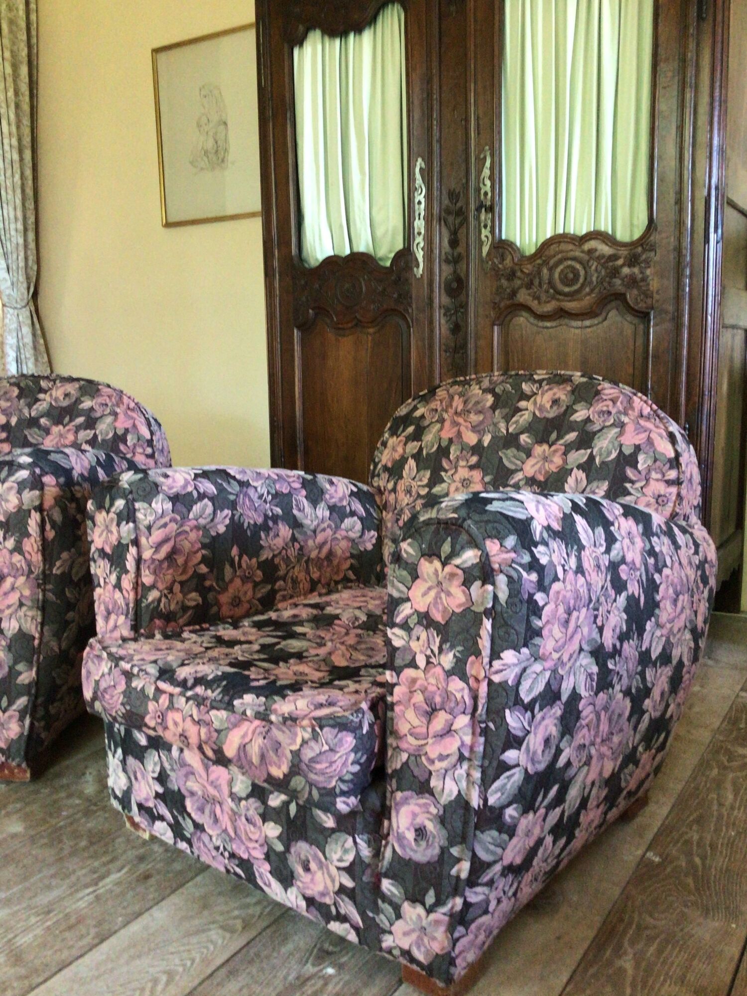 Pair of armchair club tapestry art deco