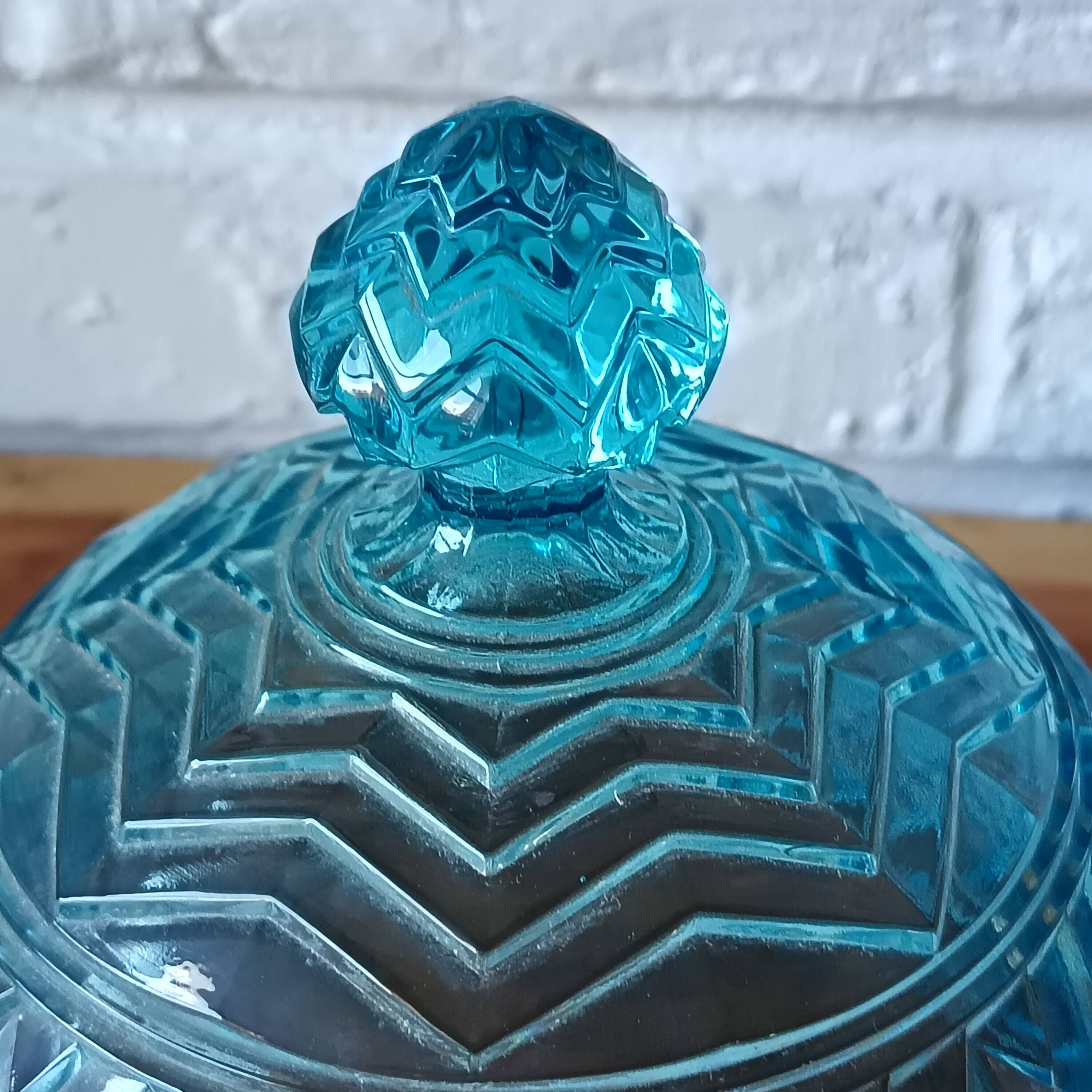 Turquoise glass dish with a dome, vintage glass dish.