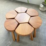Flower coffee table set with elm tripod stools