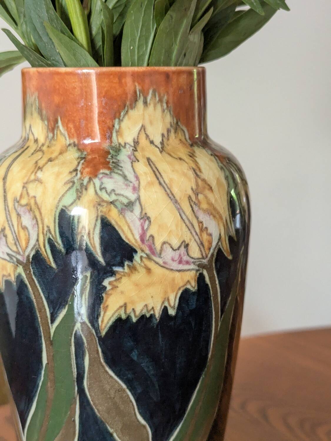 Art Nouveau vase in glazed ceramic, floral decoration, Gouda type, circa