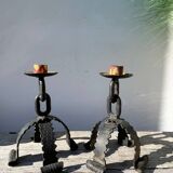 Pair of candlesticks with wrought iron chain