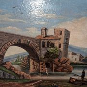 H. Nicolini  – Paysage animé au pont de pierre, XIXe siècle