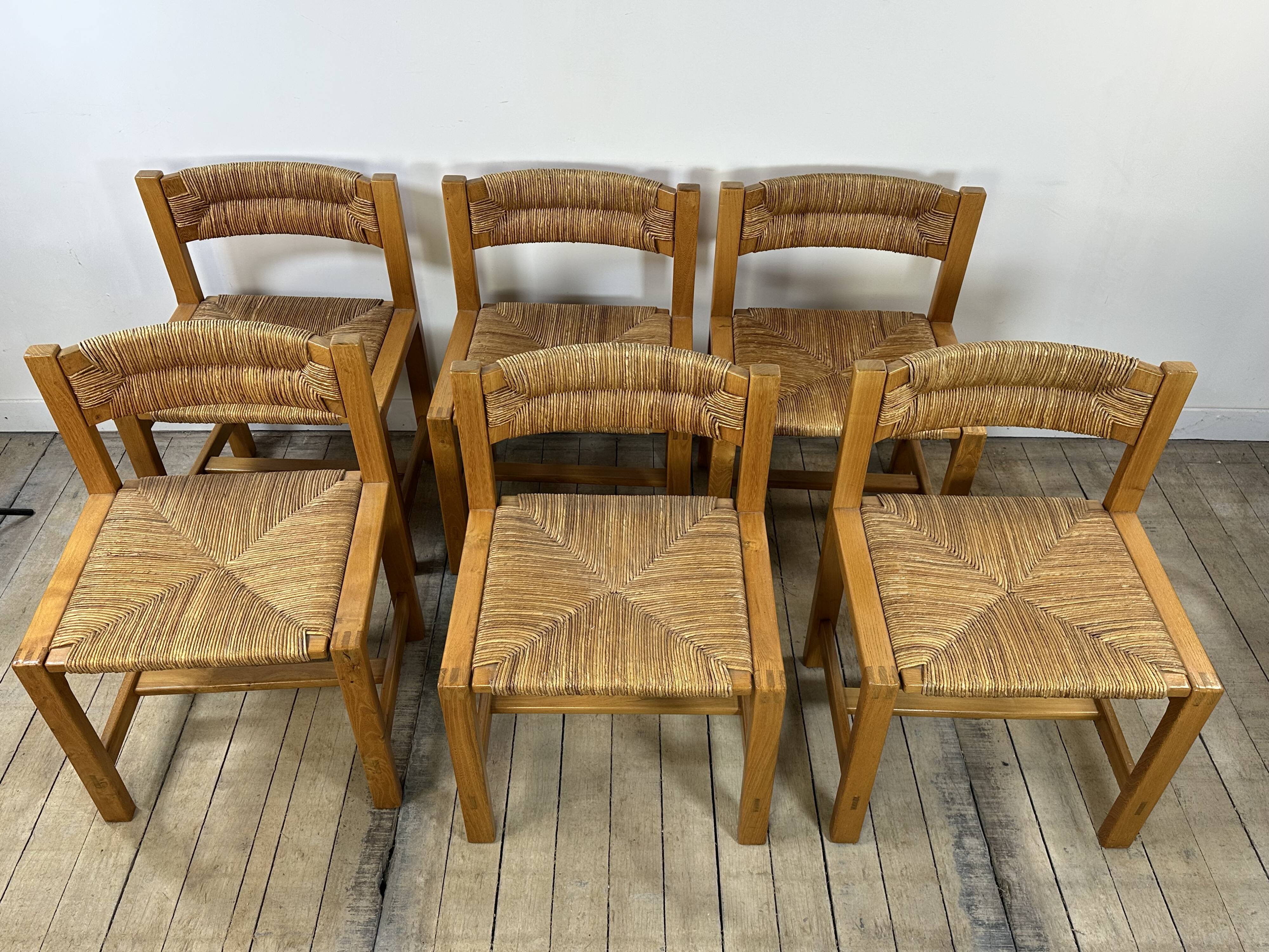 Set of 6 solid elm chairs by maison regain 1970.