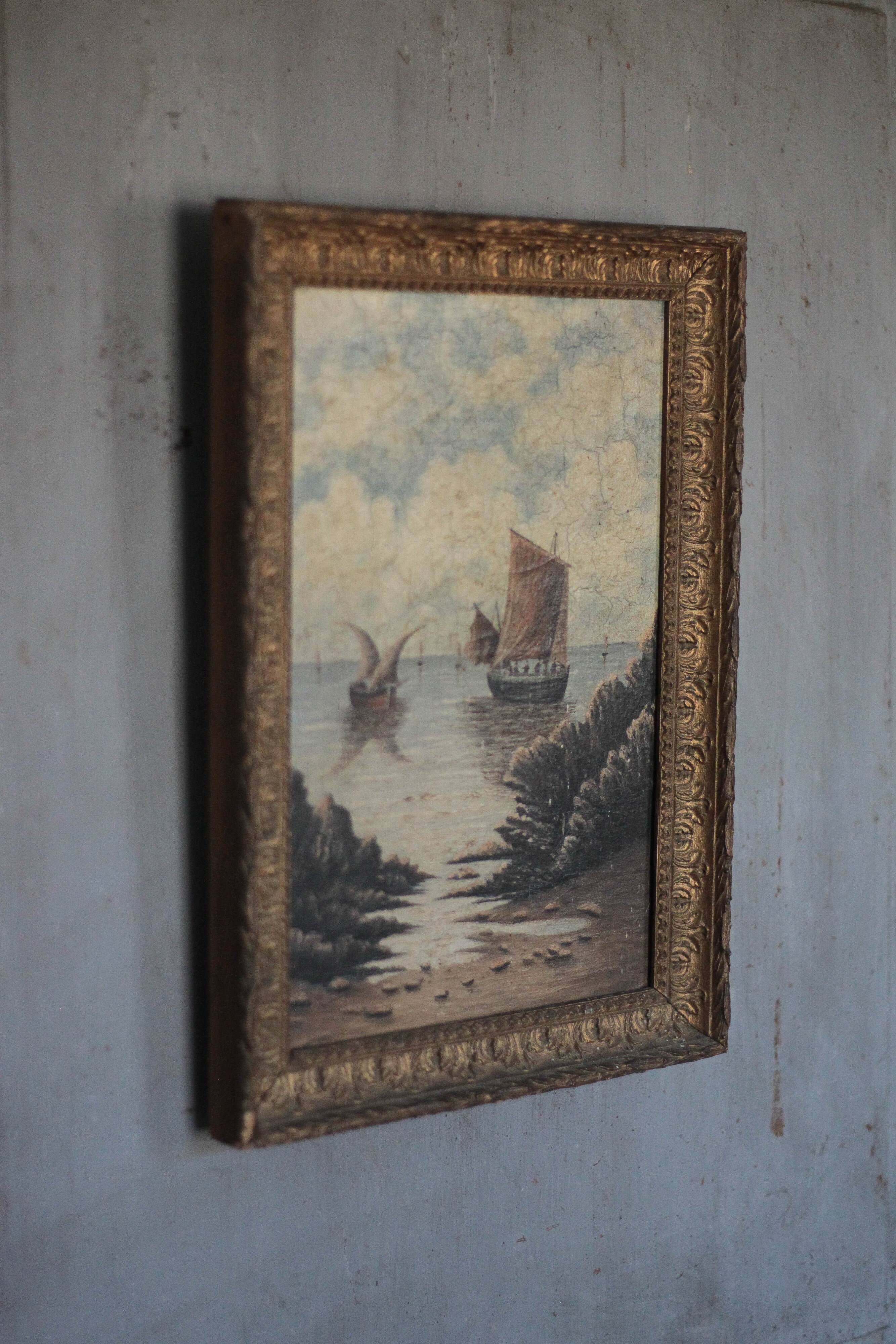Old painting, marine painting, framed painting, wall painting, boat