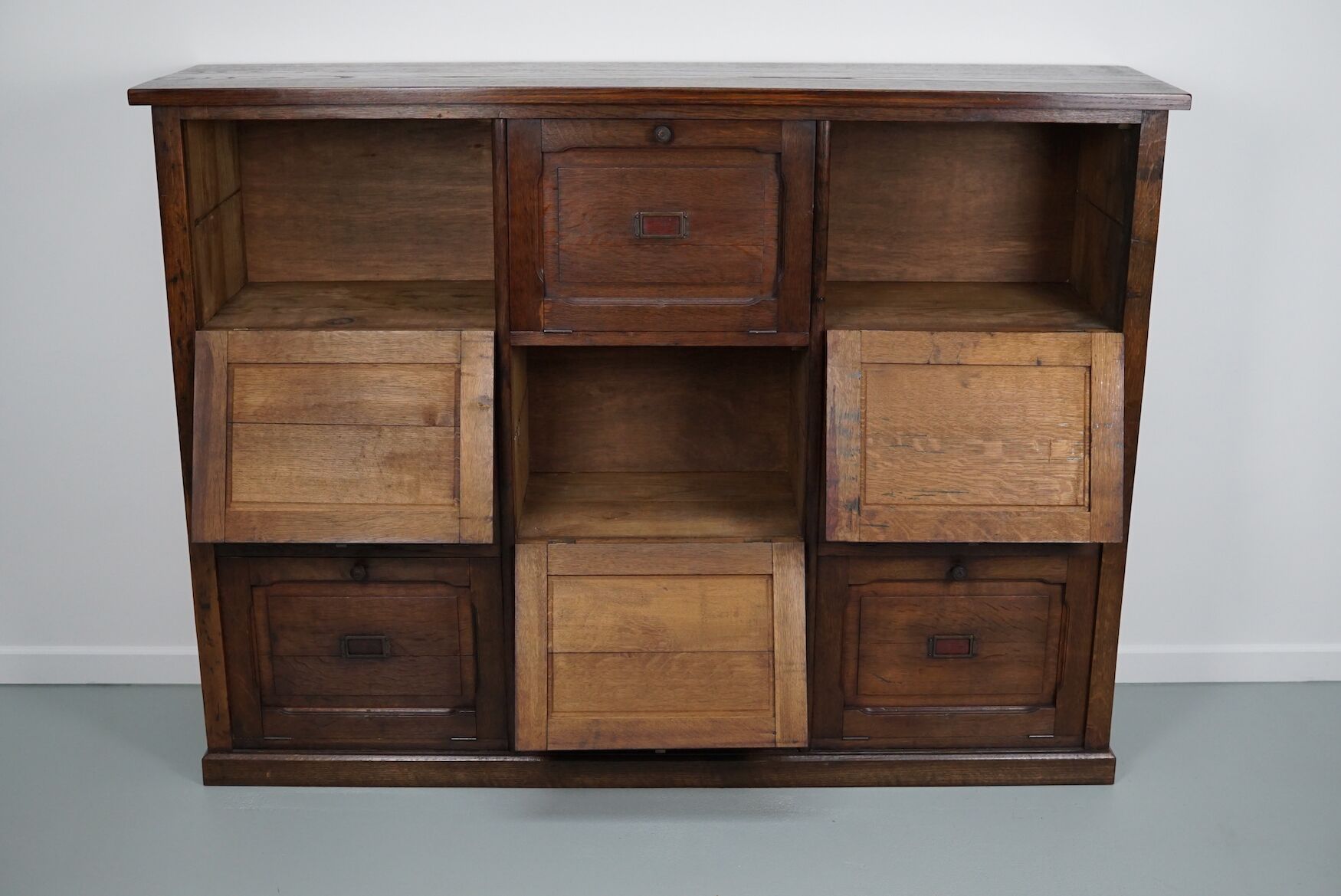 Antique french oak apothecary / filing cabinet folding doors, late 19th century