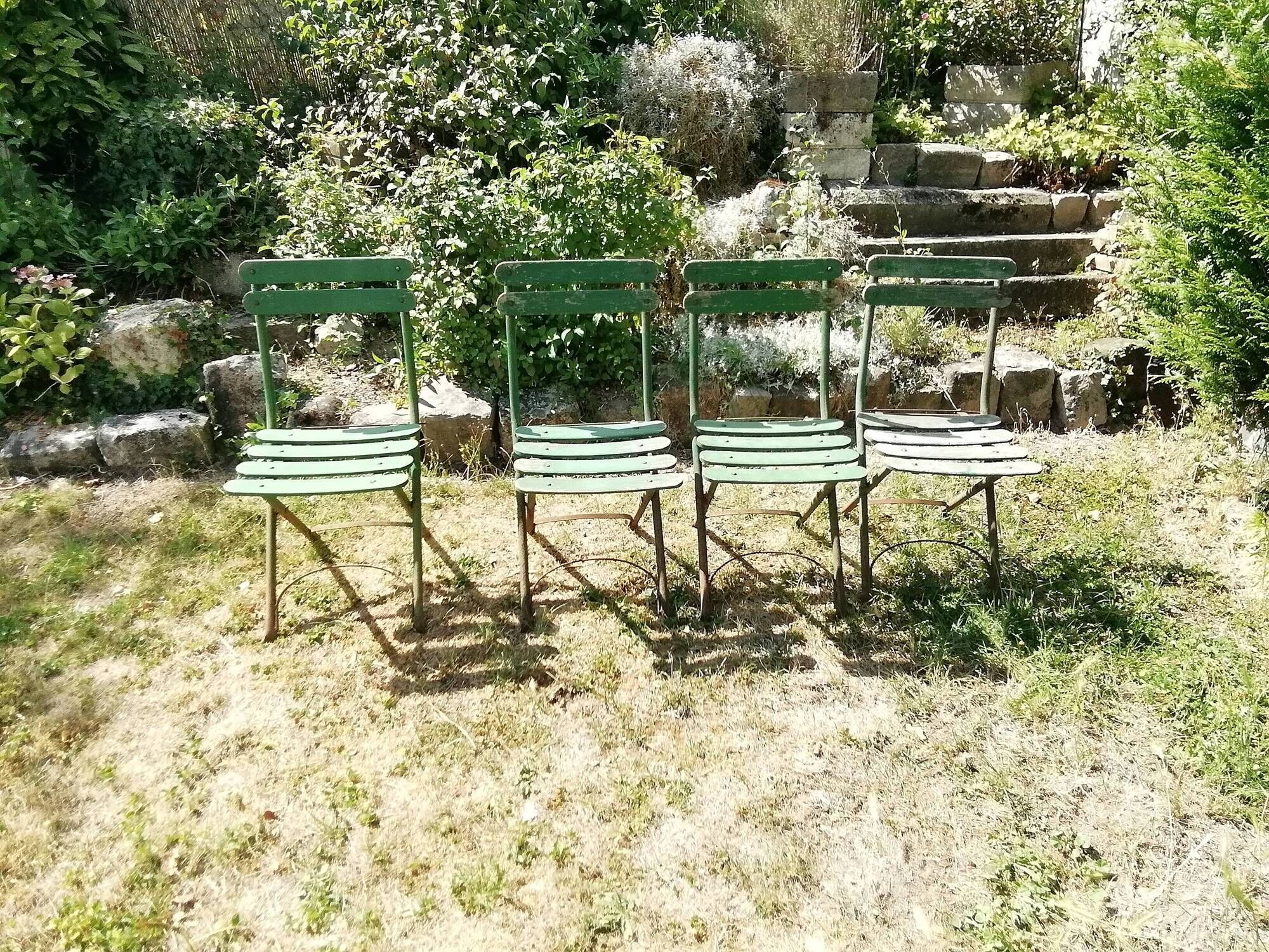 4 old iron and wood garden folding chairs