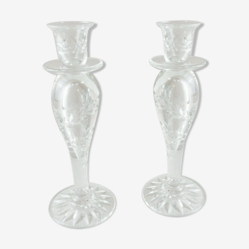 Pair of old carved engraved crystal candlesticks, Sirius style, Saint Louis