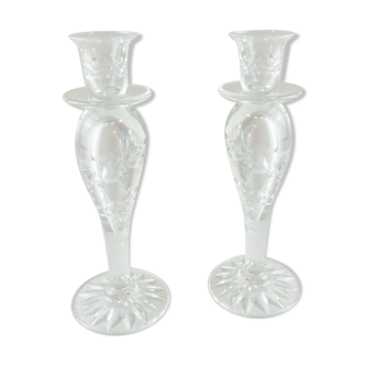 Pair of old carved engraved crystal candlesticks, Sirius style, Saint Louis