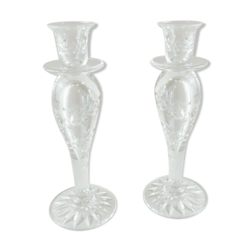 Pair of old carved engraved crystal candlesticks, Sirius style, Saint Louis