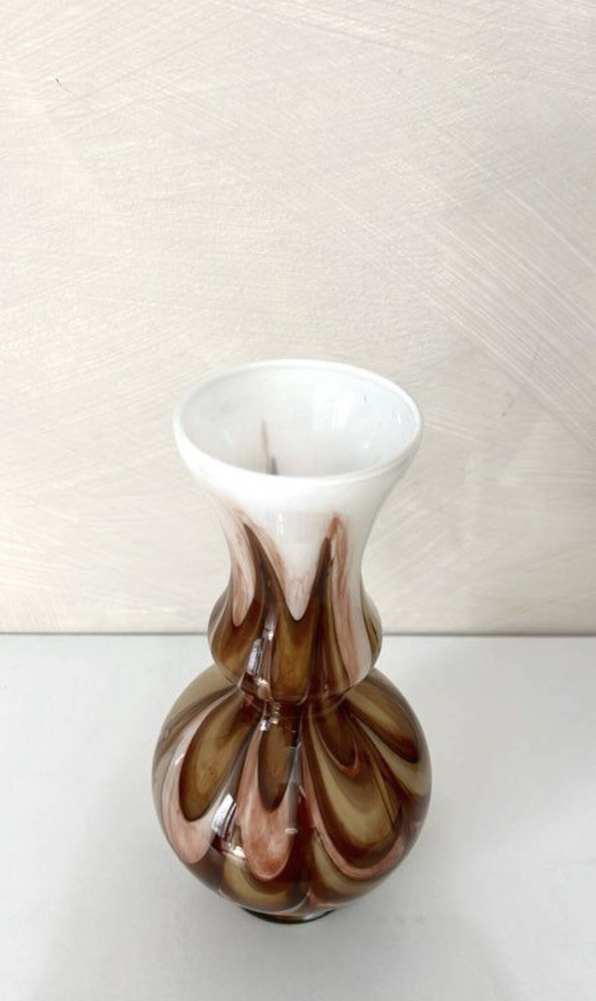 Murano glass vase, white and brown opaline with a swirl pattern from the 1970s.