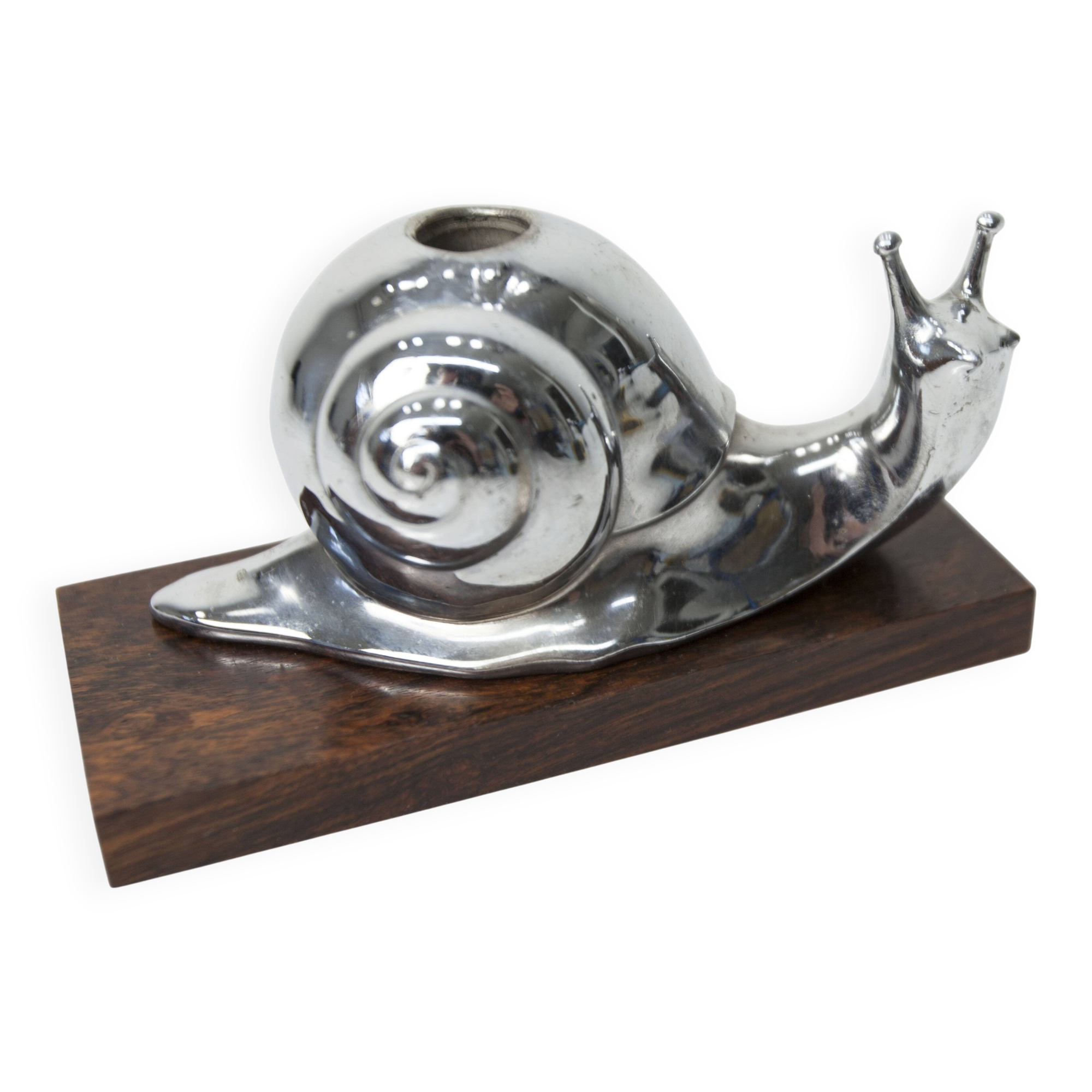 Silver snail candlestick on a teak base 1960